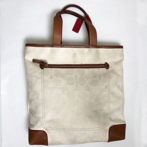 Vintage Coach Bag Tote Signature Stripe Canvas and Leather Shopper Tote #6644 - Picture 4 of 8